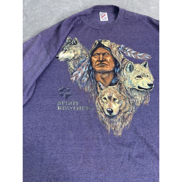 Vintage 90s Native American Wolf Short Sleeve T Shirt Men's Size XL Purple - Picture 3 of 9